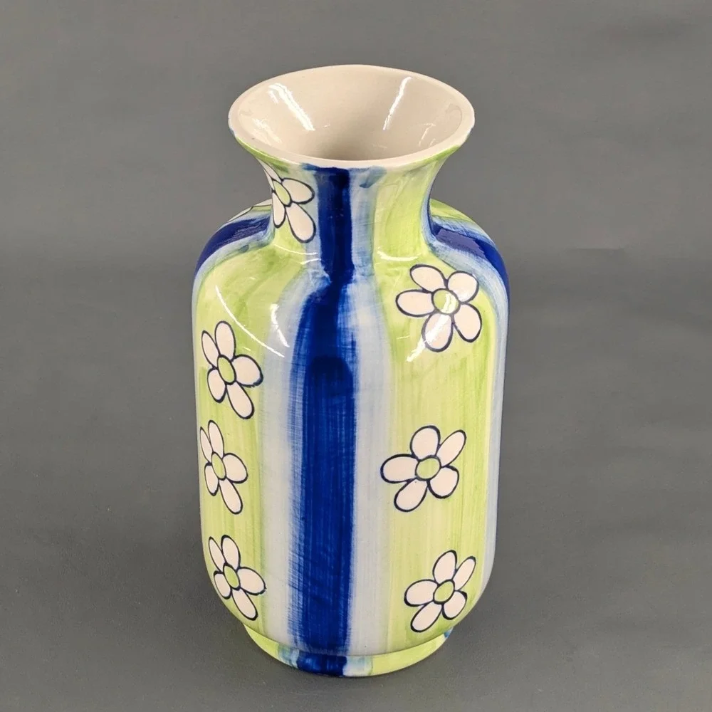 Hand Painted Ceramic Floral Vase Blue Green Striped Daisy Pottery 8 Inch